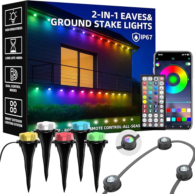 150 FT Permanent Outdoor Lights Waterproof 2-in-1 Eaves &amp Ground Stakes LED String Lights with App/Remote Control for House Garden– Smart Color-Changing Lighting for Halloween Christmas Decorati