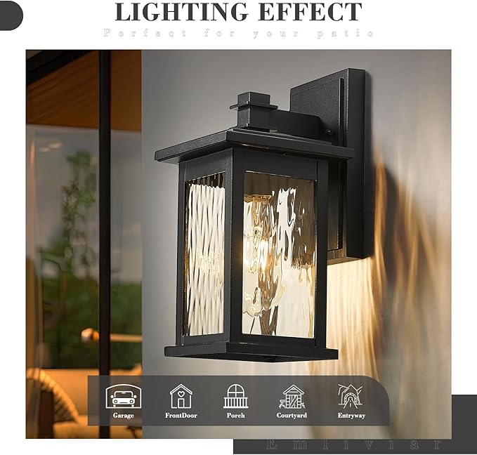 Emliviar 1 Pack Modern Outdoor Lighting Wall Mount Front Porch Light with Water Ripple Glass Shade Black Finish 1803EW1-WP BK