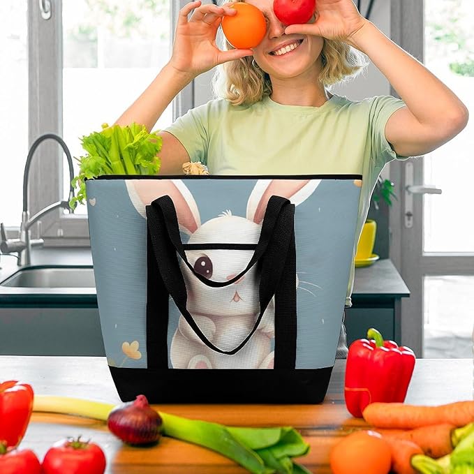 Insulated Shopping BagLarge Reusable Cooler Bags Cartoon Cute Bunny Printed Foldable Shopping BagTravel Waterproof Shoulder Bag