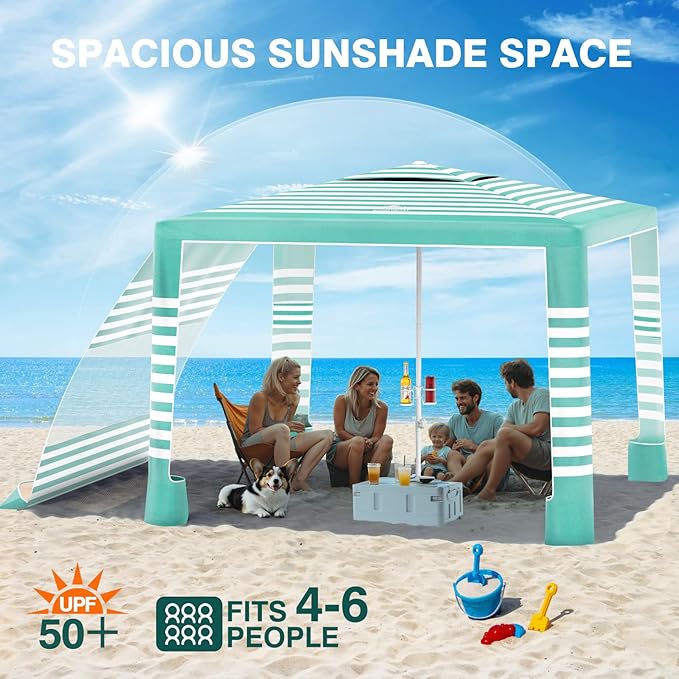Rhino Valley Beach Cabana 8 * 8FT Beach Tent UPF50+ Protection Easy Setup Beach Canopy Wind Resistant with Cup Holder Compact Beach Shade Foldable Beach Tent Sun Shelter Green White