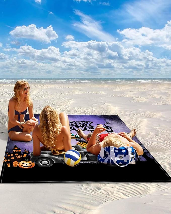 Beach Blanket Waterproof Sandproof OversizedHalloween Farm Truck Pumpkin Ghost Skull Crow Beach Mat with Corner Stakes Sand PocketsHaunted Castle Purple Fog Outdoor Picnic Mat for Travel83x79In