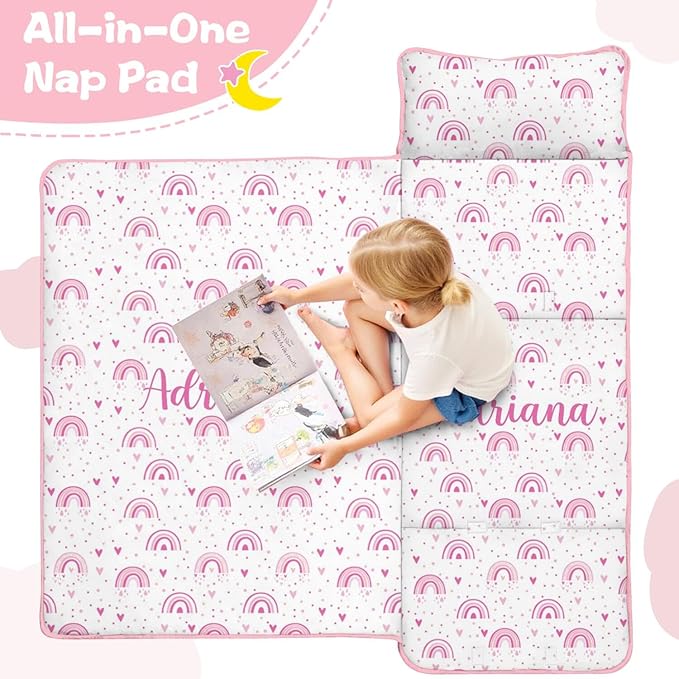 Personalized Boho Rainbow Toddler Nap Mat with Pillow and Blanket Custom Name Kids Sleeping Bag for Daycare Preschool Napping Mats for Girls Kids Slumber Bags Sleep Padded Easy Roll Up