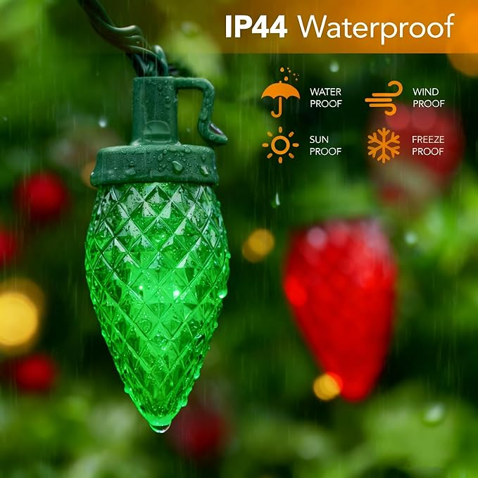 C9 LED Christmas Lights Outdoor33 Feet 50 LED 8 Lighting Modes Waterproof Connectable Christmas String Lights for Outside Roofline Patio Home Xmas Decorations (Red &amp Green)