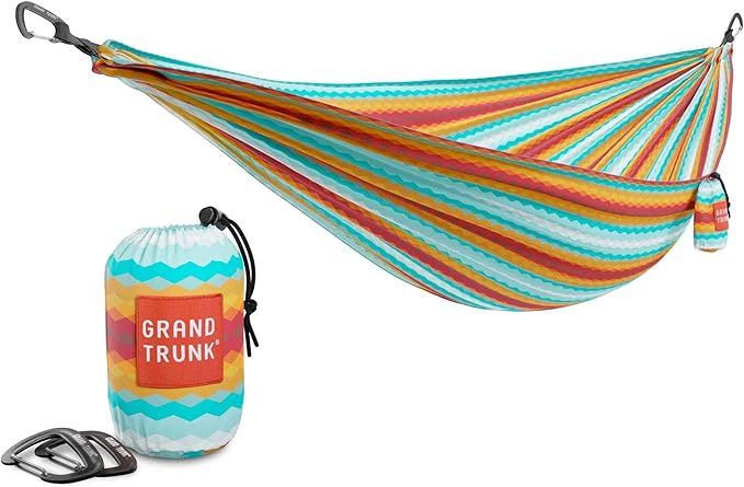 Grand Trunk TrunkTech Single Hammock | Lightweight Ripstop Nylon Camping &amp Travel Hammock 11 ft 500 lb Capacity Includes Carabiners | Green with Aqua Trim