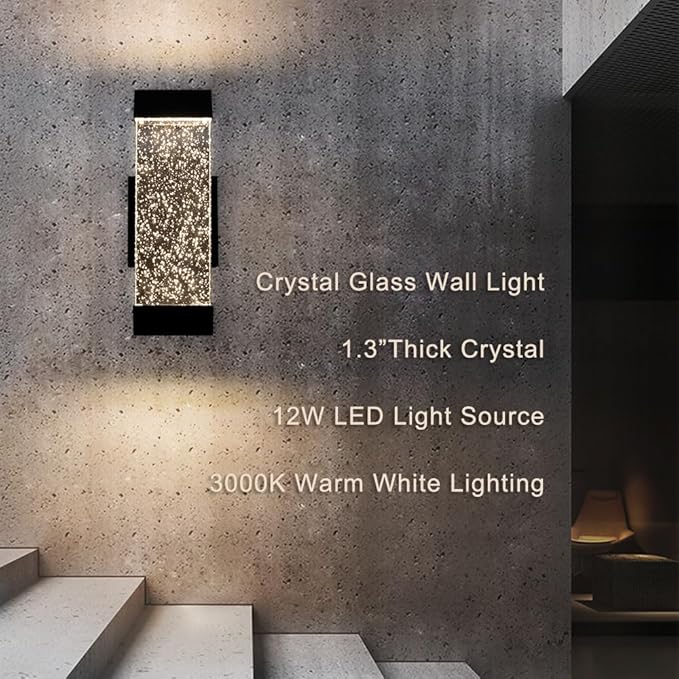 Cerdeco Modern Crystal Bubble Outdoor Wall Light Matte Black Painted 12 W 3000 K Warm White Up Down Light Fixture