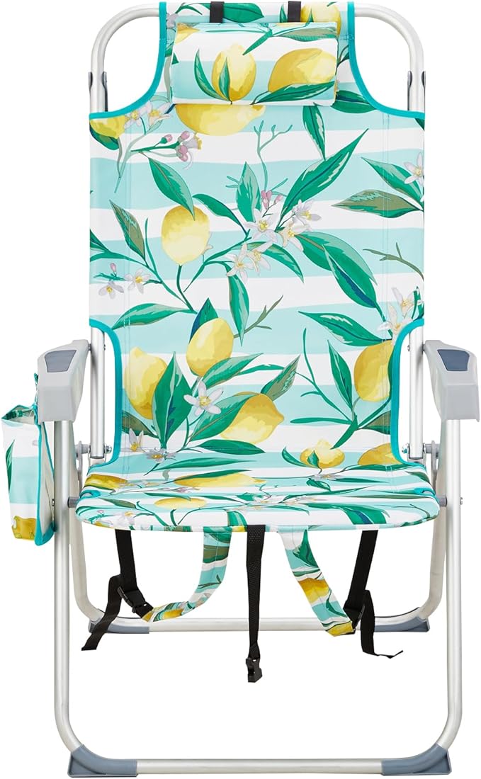 Folding Tall Backpack Beach Chair with 5 Positions Towel bar Storage Pouch Cup HolderFolding Beach Camping Chair (Lemon)