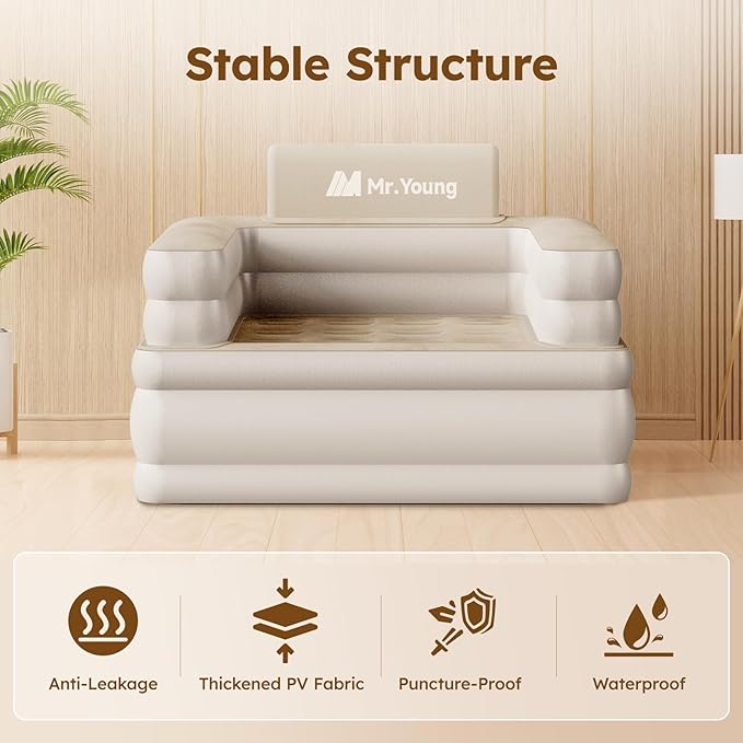 Mr.Young Inflatable Couch for Camping and Home and Outdoor | Blow Up Couch | Air Sofa | Velvety Surface | Included Air Pump Fast &amp Easy Inflation/Deflation | 42x33x34 | Single