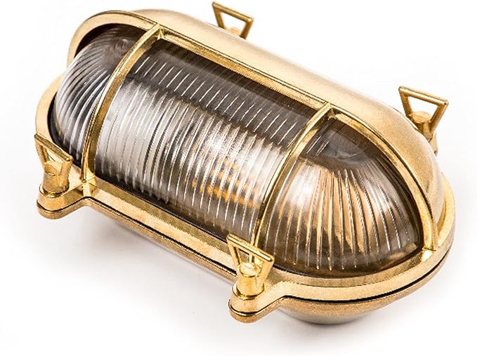 Sunluck Brass Nautical Bulkhead LightGrid Oval Wall LightBrass Half Cover LampshadeCeiling Mount LightWaterproof IP65Rust Resistantfor Wet Location BathSeasideShipBasement