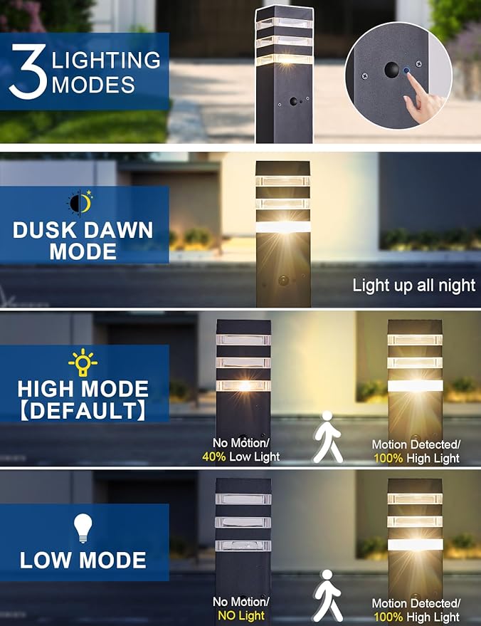2Pack Motion Sensor Outdoor Floor Lamps Pathway Lights Dusk to Dawn Exterior Pillar Lamps Black Aluminum Poles Lights for Outside Modern Landscape Path Lamp for Patio Yard Garden Pathway Driveway