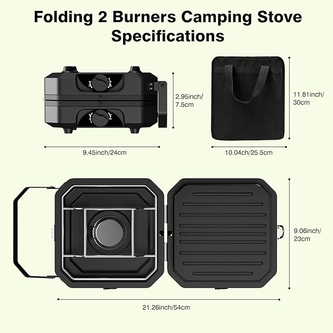 Camping Stove Portable Propane Camp Stove with Independently Adjustable Heat &amp Carry Bag Foldable Gas Stove with 2 Burners for Outdoor CookingTailgating &amp Backyard GatheringBBQ (Black)