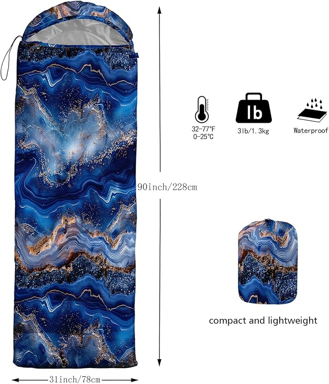 Kids Sleeping Bag for Boys GirlsBlue Ripples Print-Lightweight Warm Portable Outdoor Indoor-Waterproof Cold Weather Resistant Sleeping Bag for Camping Hiking