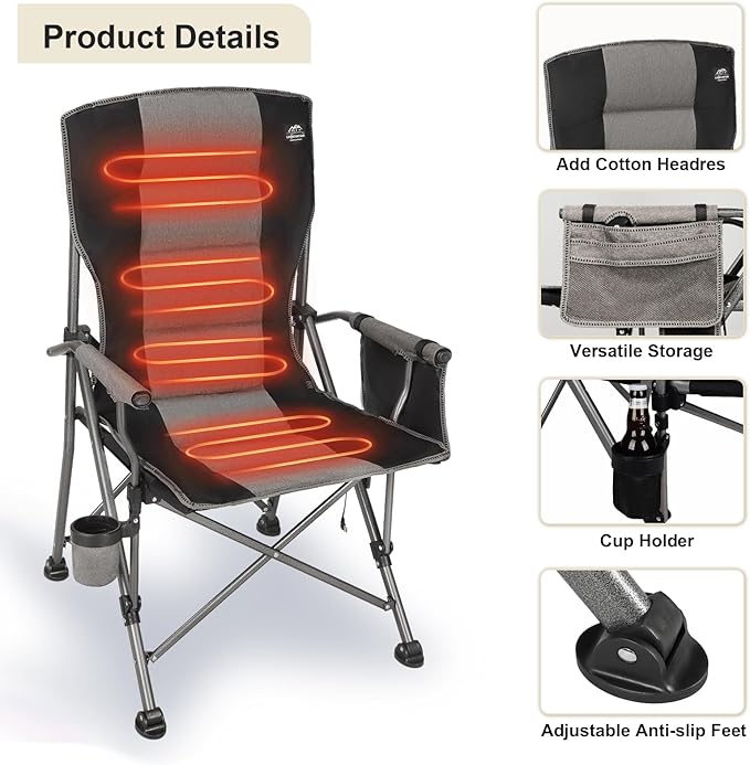 Heated Camping Chair w/Hard Armrest3 Heat Levels Folding Outdoor Camp Chair w/Cup HolderHeavy Duty Padded Portable Heating Lawn Chair Support 400 LbsBlackBattery NOT Included