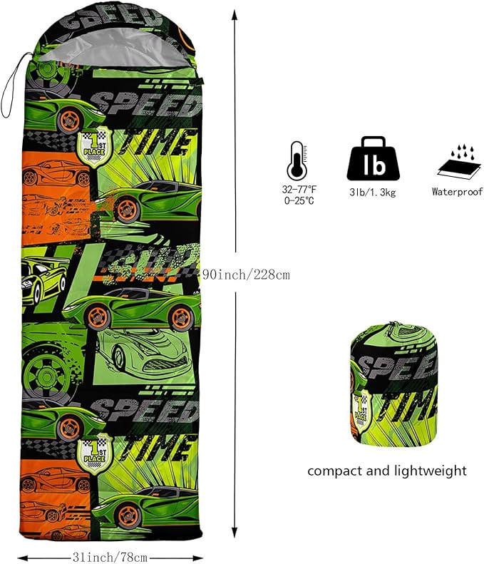Kids Sleeping Bag for Boys GirlsCartoon Dinosaur Print-Lightweight Warm Portable Outdoor Indoor-Waterproof Cold Weather Resistant Sleeping Bag for Camping Hiking
