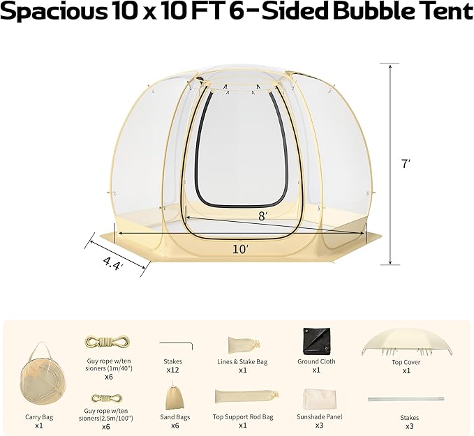 Pop Up Bubble Tent 10 x 10 FT Instant Igloo Tent Suitable for 4-6 People Screen House for Patios Cold