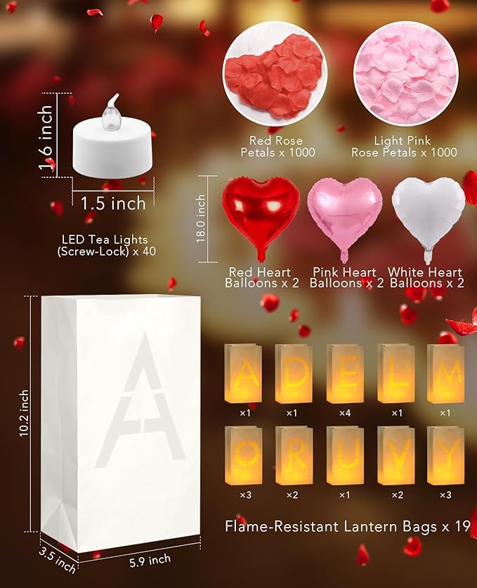 AceList Romantic Anniversary Decorations Set - Love You More Every Day 19 Pcs Luminary Bags with 40 LED Tea Lights 2000 Rose Petals &amp 6 Heart Balloons - Light Up Letters Kit for Proposal