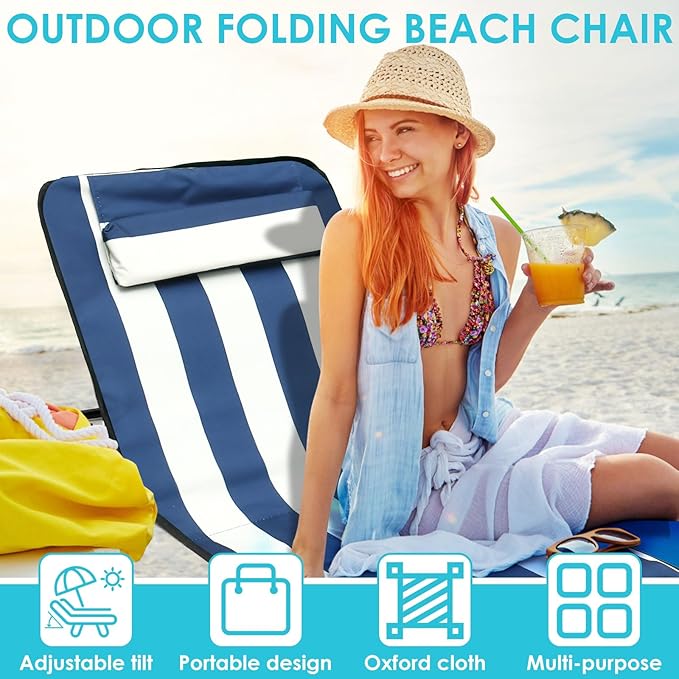 Oxford Cloth Beach Sun Chair Mat Adjustable Tilt Angle Folding Tanning Mat Waterproof Lounge Chair with Storage Pocket for Outdoor Camping Garden Park Holidays (Blove &amp White Splice)