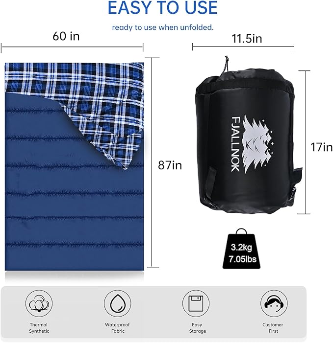 Double Sleeping Bag Cotton Flannel for Camping Backpacking Or Hiking. Queen Size 2 Person Waterproof Sleeping Bag for Adults Or Teens. Lightweight with Compression Sack
