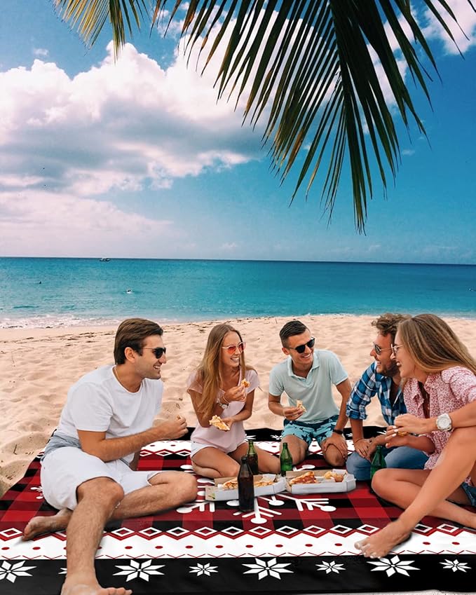 Beach Blanket Waterproof Sandproof Christmas Winter Snowflake Red Ripple Quick Drying Beach Mat with 4 Stakes Retro Black Buffalo Plaid Lightweight Picnic Blanket for Travel Camping Outdoor 95x80