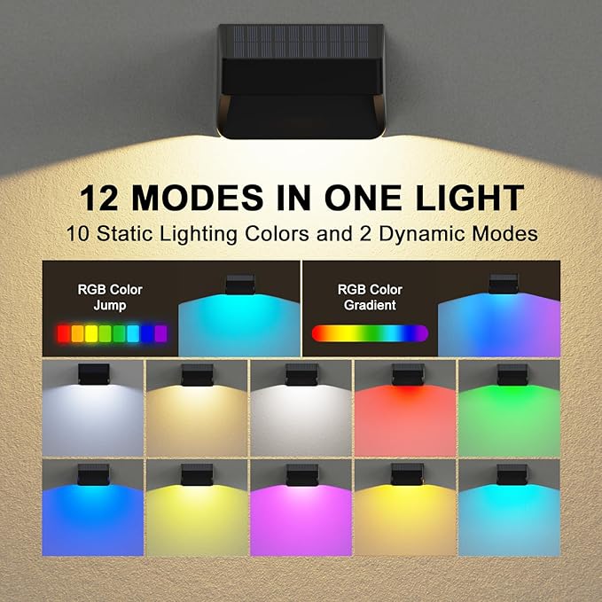 Solar Fence LightsFence Solar Lights Outdoor Waterproof Led IP65 with10 Fixed Colors ＆ RGB Color Changing for Wall Backyard Step Railing Patio Pool Porchaily&ampHoliday Decorations (12)