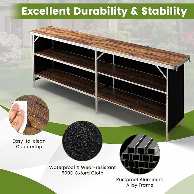 GOFLAME Folding Camping Table Aluminum Portable Picnic Table w/ 2-Tier Open Shelves &amp Spacious Tabletop Carrying Bag Included Outdoor Large Kitchen Table for Picnic BBQ Party Backyard Coffe