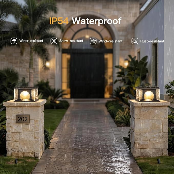 Large Solar Post Lights Outdoor 11.8 Glass Column Lights Outside Post Lights Solar Powered Modern Pillar Light Waterproof Dusk to Dawn Lantern Column Lamp for Patio Gate Driveway Pathway