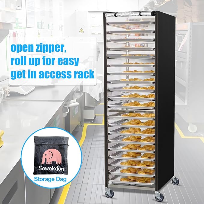 Sheet Bun Pan Rack Cover Speed Rack Cover with Zipper for 20 Tier/ 10 Tier Commercial Bakery Racks 23x28x61 Waterproof Bread Rack Cover with Clear Roll-Up Door &amp Breathable Mesh Vent(20 Tier)