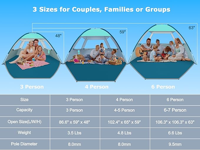 COMMOUDS Beach Tent Sun Shade for 3/4/6/8 Person UPF 50+ Beach Sun Shelter Canopy Tent Lightweight Easy Set Up and Carry