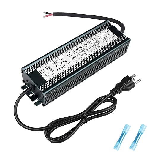 inShareplus 12V 300W Power Supply AC 80-265V to DC 12 Volt 25A IP67 Waterproof LED Power Supply Low Voltage Transformer Outdoor Driver with 3-Prong Plug 3.3 Feet Cable for LED Light Outdoor Use