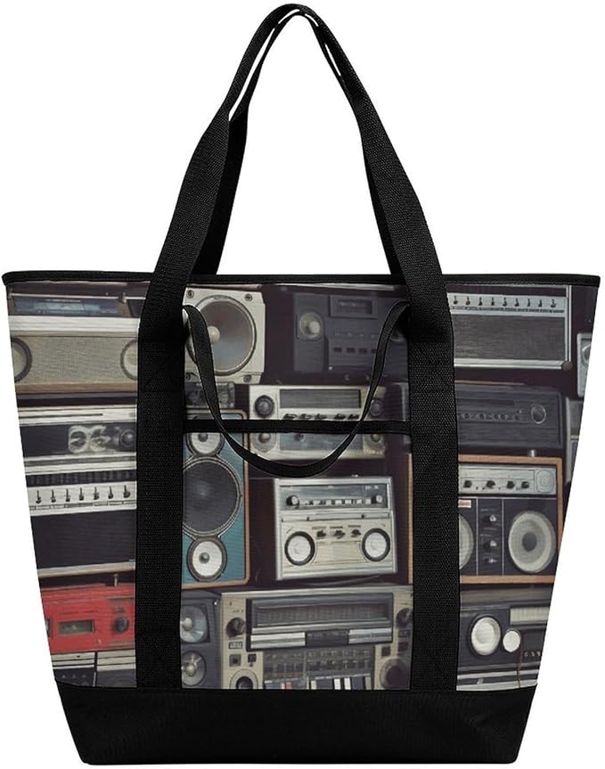 Insulated Shopping BagLarge Reusable Cooler Bags Vintage Wall of Radio Boombox Printed Foldable Shopping BagTravel Waterproof Shoulder Bag