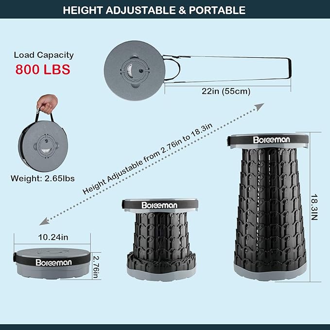 Boreeman 2026 Upgraded Collapsible Stool Lightweight Yet Sturdy with Load Capacity 800lbs Portable Folding Stool for Camping Fishing Hiking BBQ (Grey)