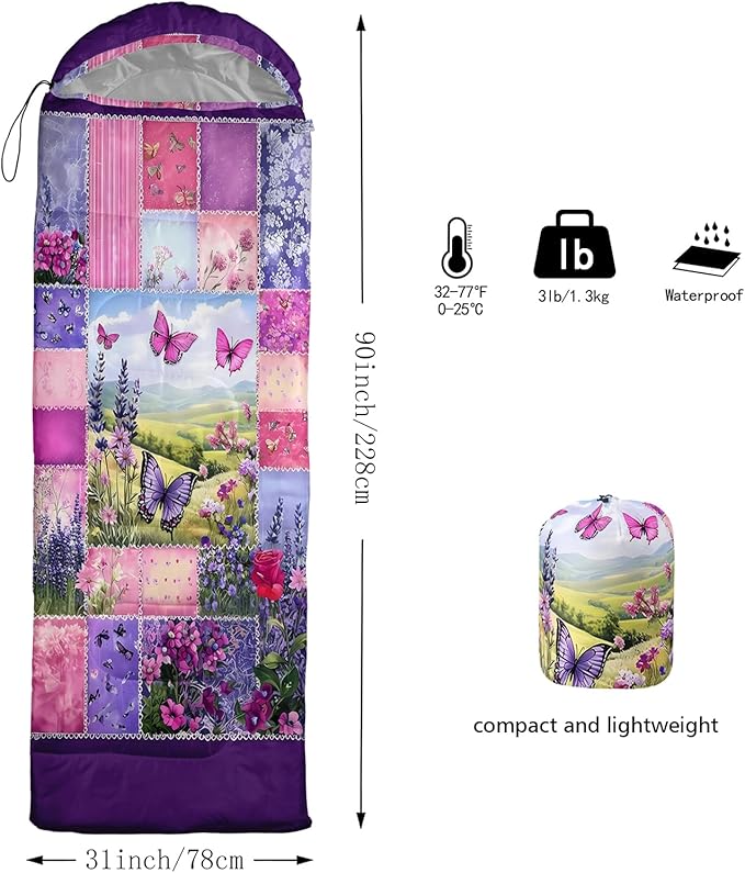 AILONEN Pink Flamingo Sleeping Bag for Kids GirlsWarm and Cool WeatherLightweightWaterproof BackpackingTropical Flamingo Theme Palm Leaves Sleeping Bag for Camping