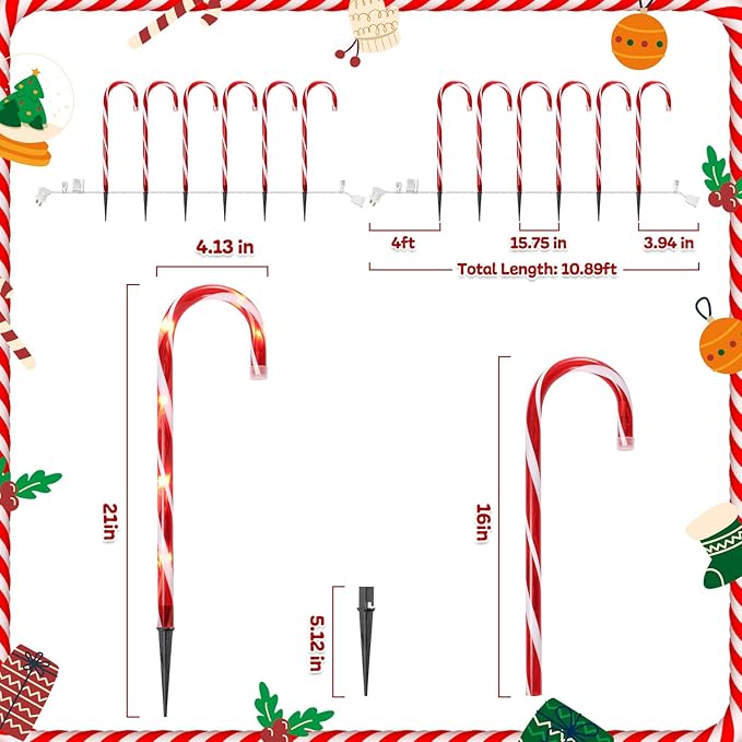 12Pack Christmas Decorations Candy Cane Lights16 Lighted Pathway Makers Lights with 72 Warm Lights Connectable Christmas Lights Outdoor Walkway Sidewalk Candy Canes Yard Lawn Decor