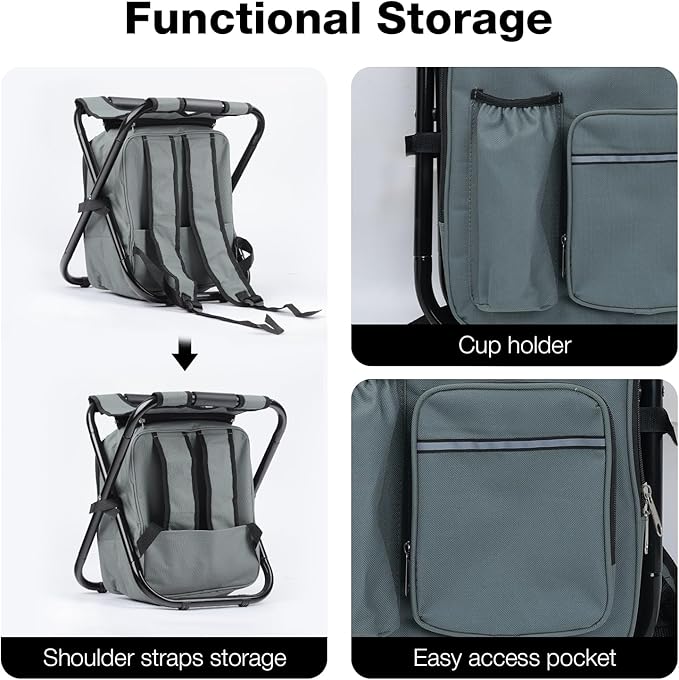 Portable Backpack Stool Cooler Chair for Adults Heavy Duty 350lbs Lightweight Folding Detachable Large Camping Seat Backpack Cooler Chair for Fishing Hunting Travel