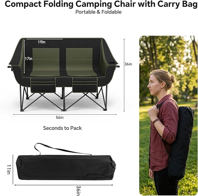 Heavy Duty Double Camping Chair with Padded Camping Loveseat – Oversized 2 Person Folding Camping Chair for AdultsPortable Camping Sofa with Cup Holders &amp Carry Bag for Outdoor Lawn Beach or Pat