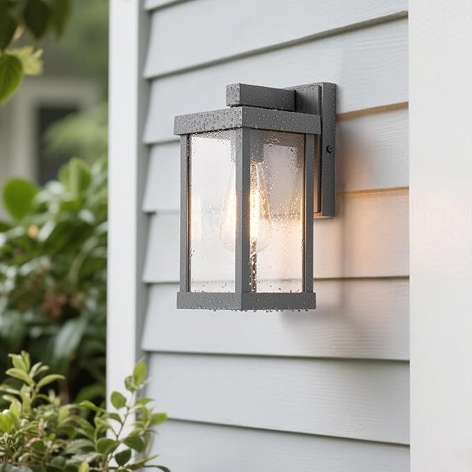 mirrea 11 Classic Outdoor Wall Sconce 1 Light in Matte Gray Rectangular Metal Frame and Clear Glass Shade Waterproof Porch Light Patio Light Pack of 2