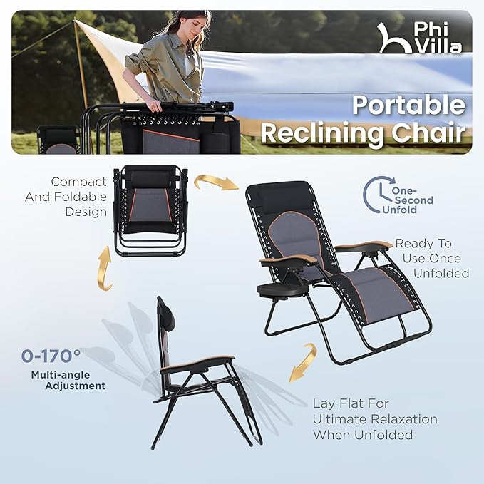 PHI VILLA XXL Oversized Padded Zero Gravity Chair Foldable Patio Recliner 30 Wide Seat Anti Gravity Lounger with Cup Holder Support 400 LBS (Black &amp Orange Accents)