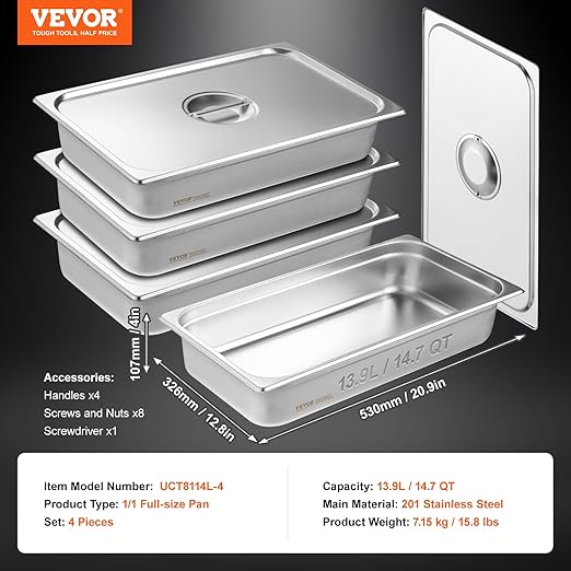 VEVOR 4 Pack Stainless Steel Hotel Pans with lidFull Size 4 Inch Deep 0.8mm Thick Anti-Jam Commercial Food Pans for Steam Tables Restaurants Catering &amp Industrial Use