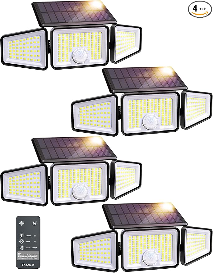 Ensenior Solar Lights Outdoor Motion Sensor 2600LM 220 LED High Brightness 3 Head 270° Wide Angle Flood Lights Remote Control Security Lights 4 Modes IP65 Waterproof Wireless Wall Light 4 Pack