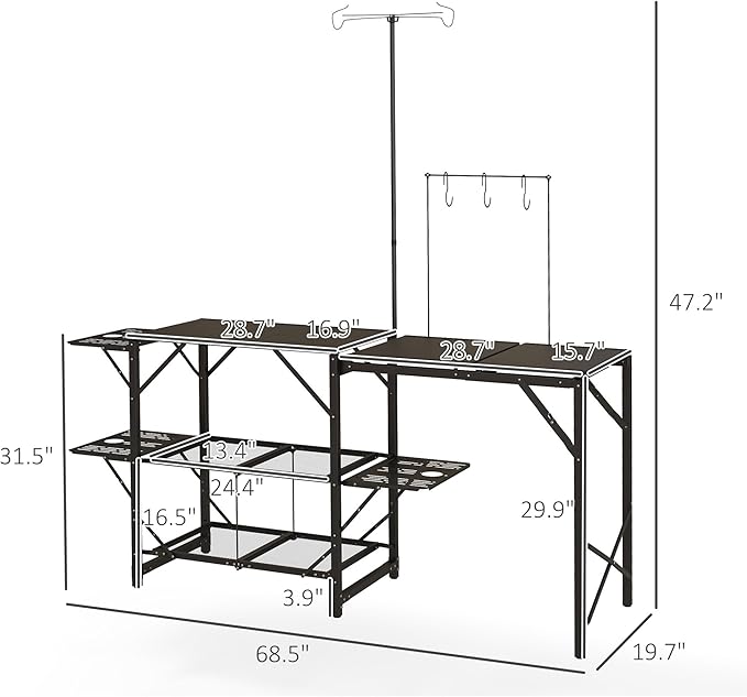 Outsunny Folding Camp Kitchen Table Portable Camping Cooking Station with Adjustable Lantern Holder Hanging Hooks and Carrying Bag for Outdoor Picnic Beach BBQ Traveling
