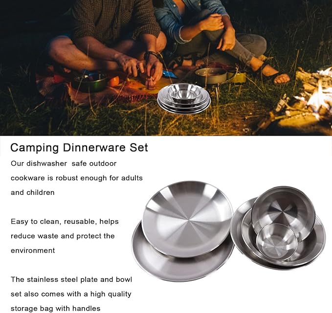 12pcs Stainless Steel Camping Dinnerware Set Outdoor Dinnerware Set Camping Plates Bowls Set with Storage Bag for Backpacking Hiking Picnic &amp BBQ