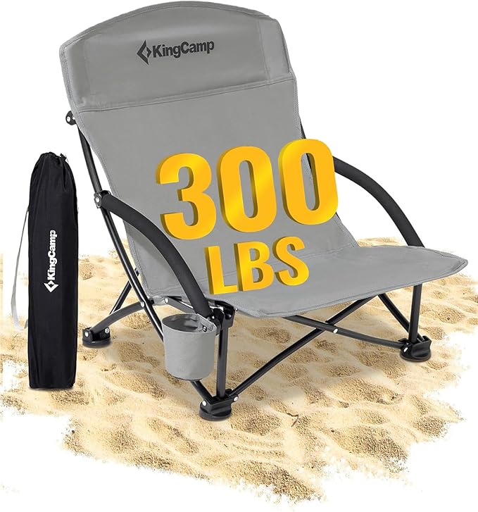 KingCamp Low Beach Chair High Back Folding Camping Chair for Adults Oversized Breathable Mesh Seat 300lbs Heavy Duty Portable Chair with Cup Holder &amp Storage Pockets for Beach Outdoor