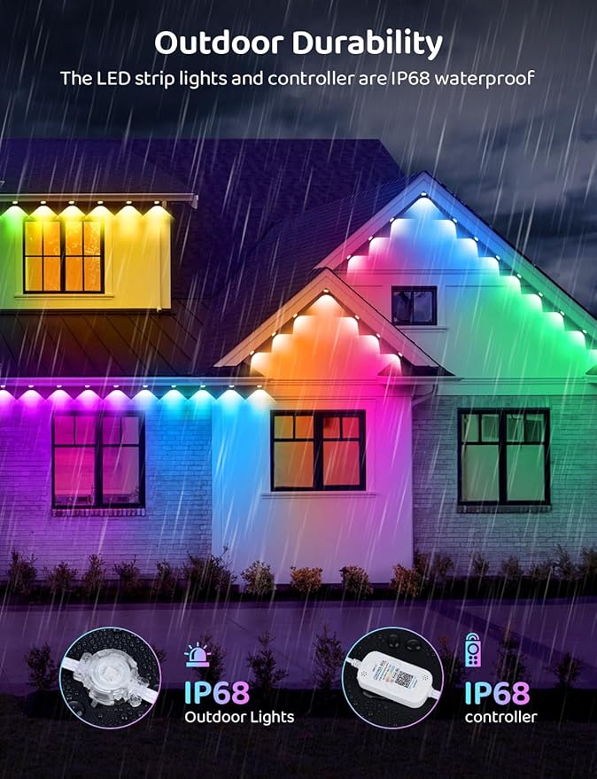 300FT IP68 WiFi DIY Design Permanent Outdoor LightArbitrary Trimming Smart RGB+IC Waterproof LED Eaves Lights for Christmas DecorationsHalloweenCompatible with AlexaGoogle Assistant