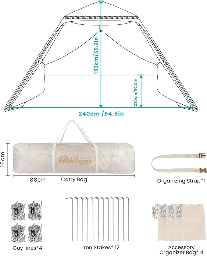 OutdoorMaster Pop Up Beach Tent with Fringe for 4 Person Easy Setup and Portable Beach Shade Sun Shelter Canopy with UPF 50+ UV Protection 11MM Thick Pole
