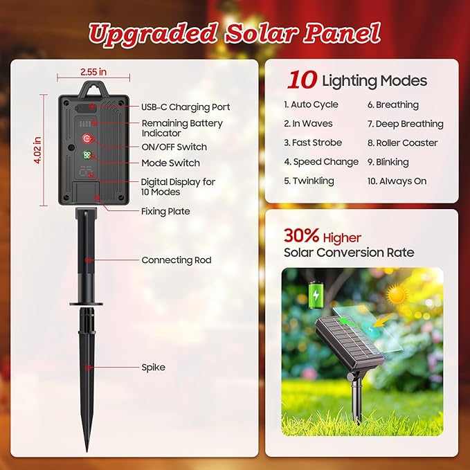 24 Pack Upgraded Solar Candy Cane Lights Outdoor Christmas Decorations Outdoor Solar Christmas Pathway Lights Waterproof with USB Charging 10 Modes for Yard Garden Lawn Path Walkway Party Xmas Decor