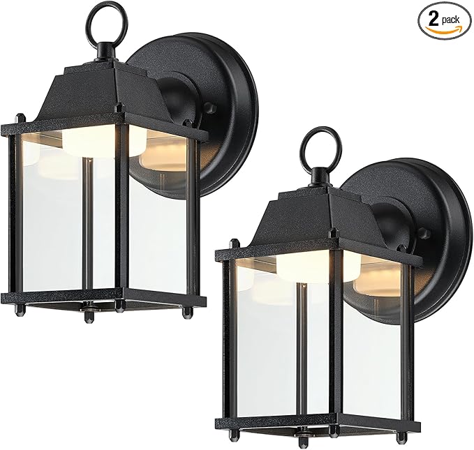 LIT-PaTH Outdoor LED Wall Lantern Wall Sconce Exterior Porch Lighting Fixture 3000K Warm White 9.5W 800 Lumen Aluminum Housing Plus Glass Black Finish 2-Pack