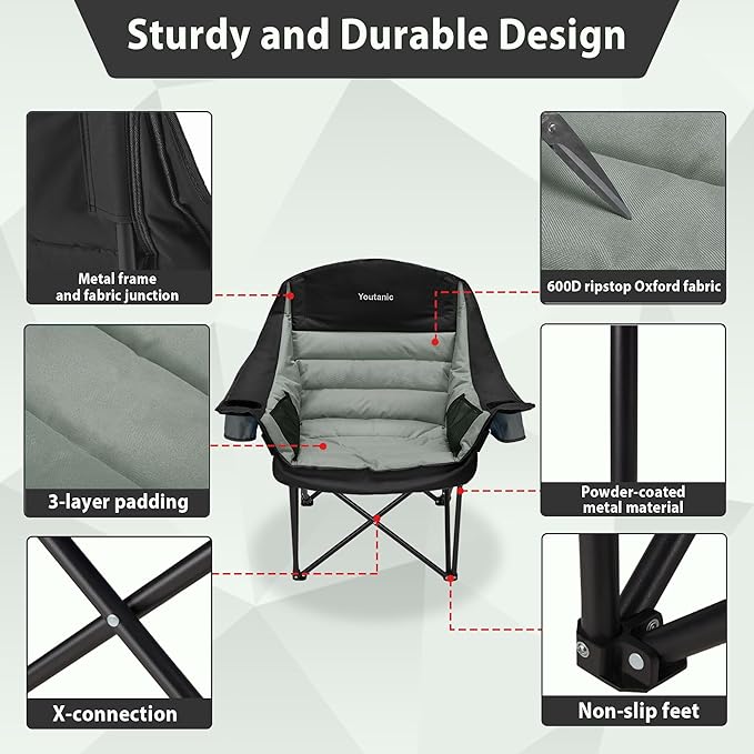 Oversized Camping Chair Portable Folding Camping Chairs with Side Pocket Cup Holder and Carry Bag Heavy Duty Outdoor Camping Chairs for Adults Fishing Sports Trip up to 400lbs Style 4