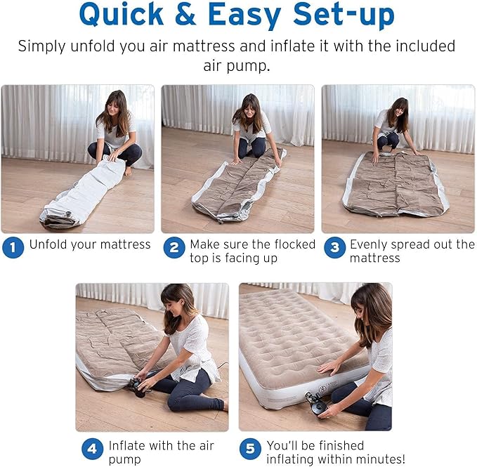Etekcity Air Mattress Upgraded Twin Size Camping Air Bed Blow Up Bed Inflatable Mattress Raised Airbed with Rechargeable Pump for Guest Camping Hiking Height 9 Storage Bag Brown