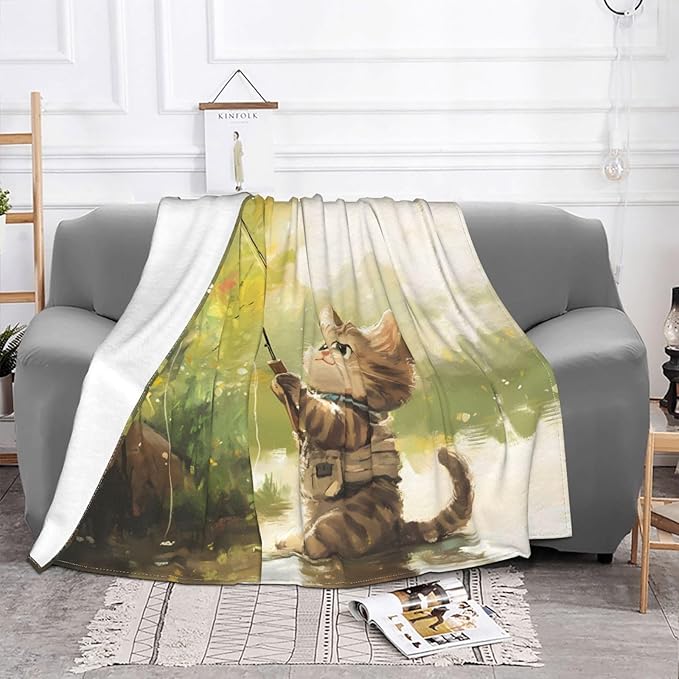 Kitten Fishing Soft Fleece Blanket 60 * 50 inch Soft Sofa Blanket Suitable for Sofa Camping Travel Night Cover Blanket