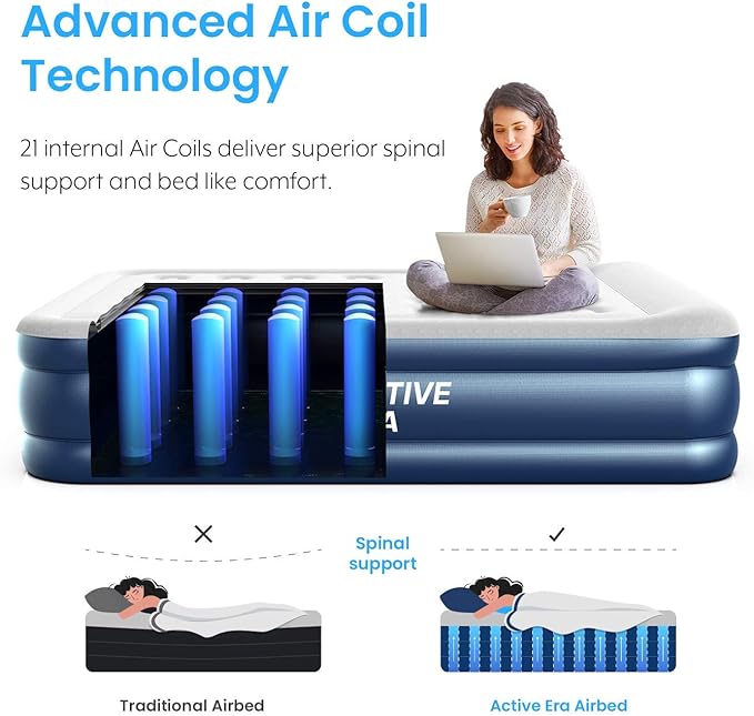 Active Era 20 Twin Air Mattress with Built-in Pump &amp Raised Pillow - Heavy Duty Puncture Resistant Waterproof Blow Up Bed (Pack of 2)