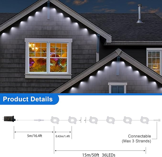 Permanent Christmas Outdoor Lights50ft 36LED Eaves Lights with Remote8 Modes Waterproof Outdoor Eave Connectable Christmas String Lights for Indoor Party (White)
